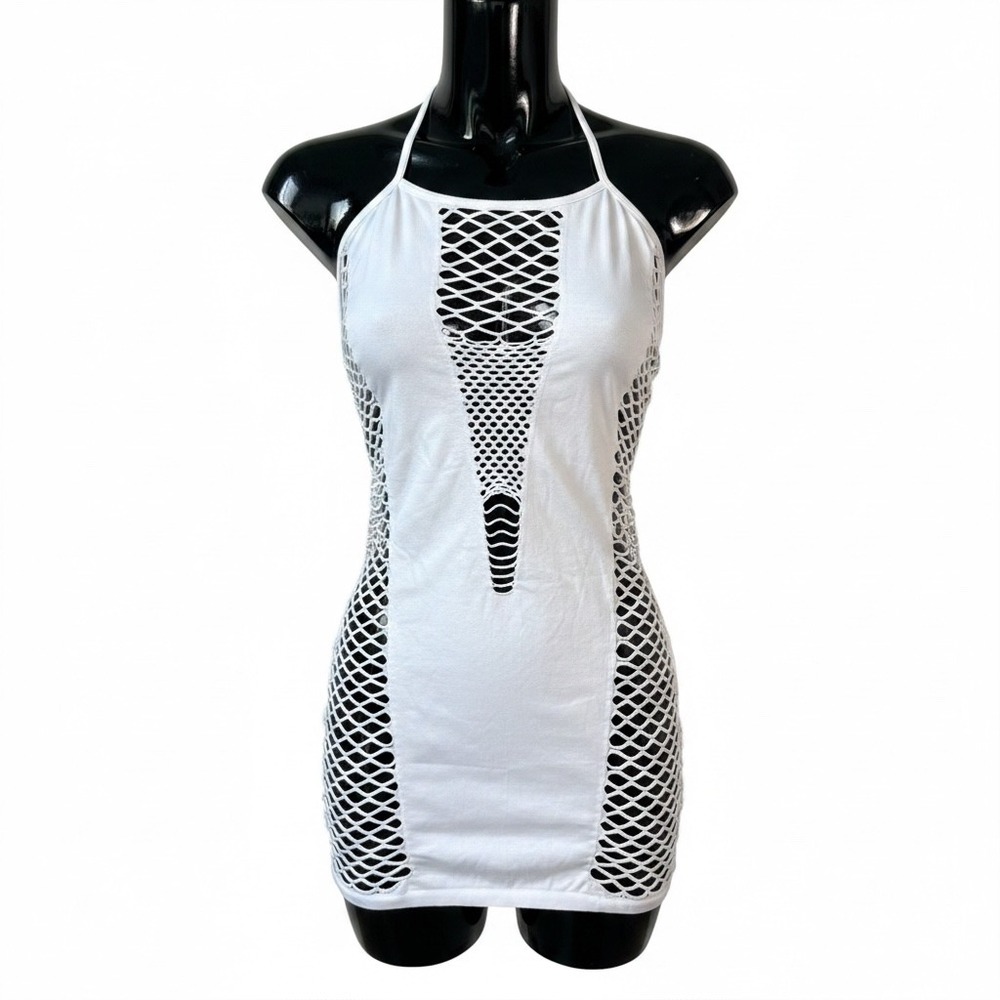 Fishnet Cutout Bodycon Mini Dress Women Sz M White Halter Clubwear Festival Rave